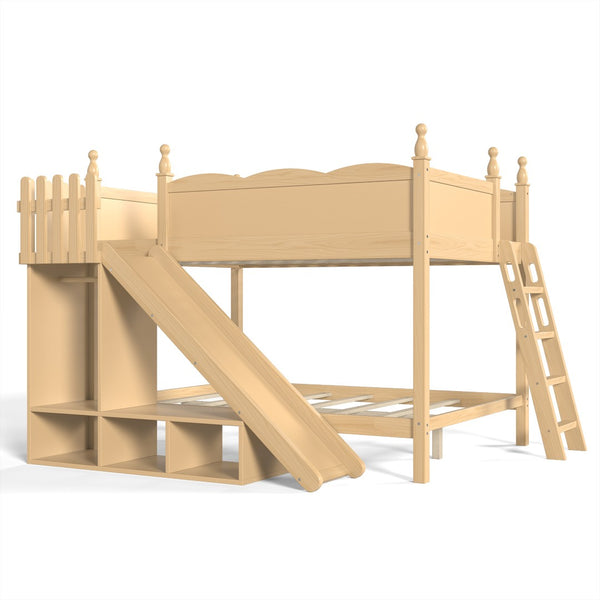English Elm Full Over Bunk Bed Pine Wood Frame with Slide Built in Shelves Low Profile Kids Design Natural W5305S00084