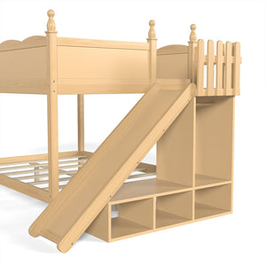 English Elm Full Over Bunk Bed Pine Wood Frame with Slide Built in Shelves Low Profile Kids Design Natural W5305S00084