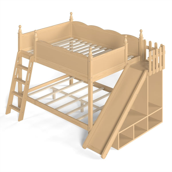 English Elm Full Over Bunk Bed Pine Wood Frame with Slide Built in Shelves Low Profile Kids Design Natural W5305S00084
