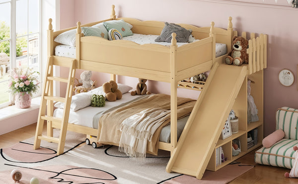 English Elm Full Over Bunk Bed Pine Wood Frame with Slide Built in Shelves Low Profile Kids Design Natural W5305S00084