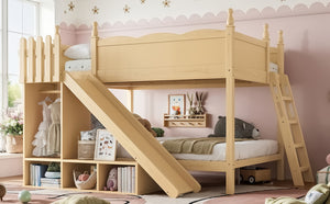 English Elm Full Over Bunk Bed Pine Wood Frame with Slide Built in Shelves Low Profile Kids Design Natural W5305S00084