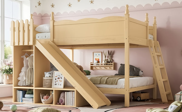 English Elm Full Over Bunk Bed Pine Wood Frame with Slide Built in Shelves Low Profile Kids Design Natural W5305S00084