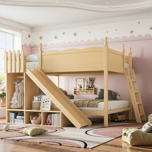 English Elm Full Over Bunk Bed Pine Wood Frame with Slide Built in Shelves Low Profile Kids Design Natural W5305S00084