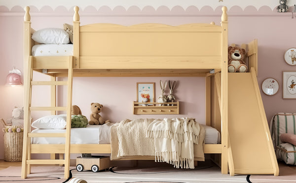 English Elm Full Over Bunk Bed Pine Wood Frame with Slide Built in Shelves Low Profile Kids Design Natural W5305S00084