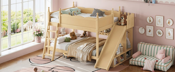 English Elm Full Over Bunk Bed Pine Wood Frame with Slide Built in Shelves Low Profile Kids Design Natural W5305S00084