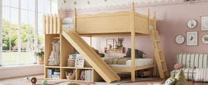 English Elm Full Over Bunk Bed Pine Wood Frame with Slide Built in Shelves Low Profile Kids Design Natural W5305S00084