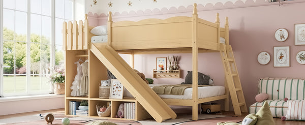 English Elm Full Over Bunk Bed Pine Wood Frame with Slide Built in Shelves Low Profile Kids Design Natural W5305S00084