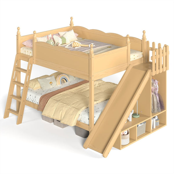 English Elm Full Over Bunk Bed Pine Wood Frame with Slide Built in Shelves Low Profile Kids Design Natural W5305S00084