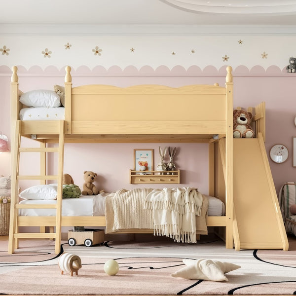 English Elm Full Over Bunk Bed Pine Wood Frame with Slide Built in Shelves Low Profile Kids Design Natural W5305S00084