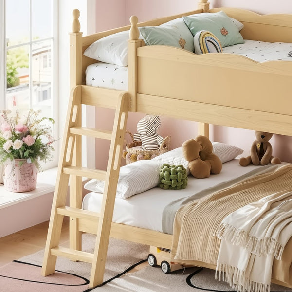 English Elm Full Over Bunk Bed Pine Wood Frame with Slide Built in Shelves Low Profile Kids Design Natural W5305S00084