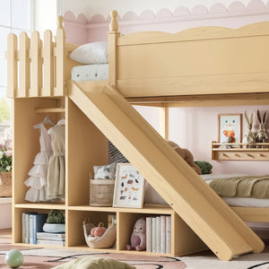 English Elm Full Over Bunk Bed Pine Wood Frame with Slide Built in Shelves Low Profile Kids Design Natural W5305S00084