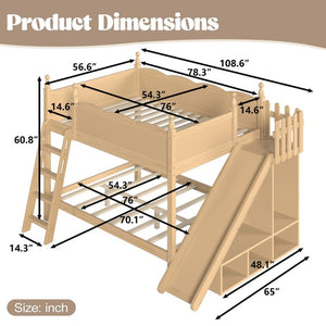 English Elm Full Over Bunk Bed Pine Wood Frame with Slide Built in Shelves Low Profile Kids Design Natural W5305S00084