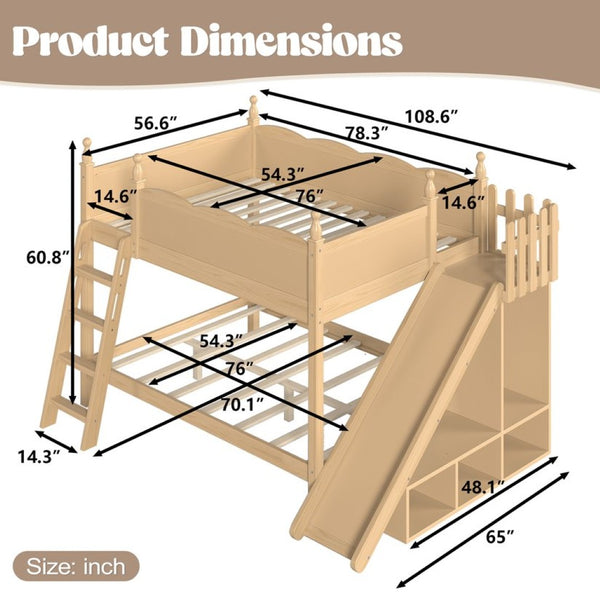 English Elm Full Over Bunk Bed Pine Wood Frame with Slide Built in Shelves Low Profile Kids Design Natural W5305S00084