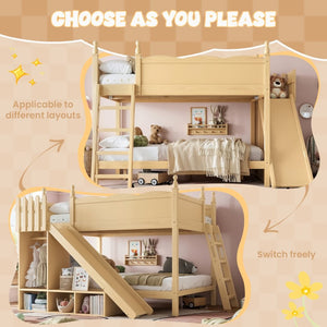 English Elm Full Over Bunk Bed Pine Wood Frame with Slide Built in Shelves Low Profile Kids Design Natural W5305S00084