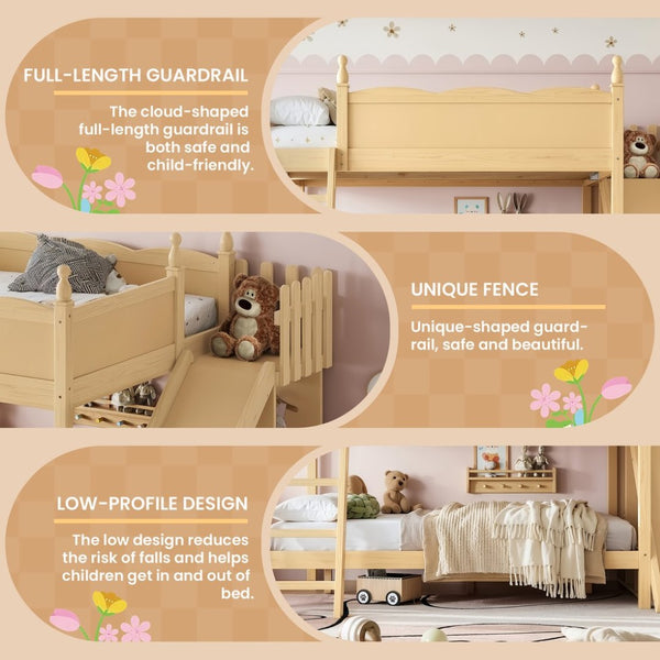 English Elm Full Over Bunk Bed Pine Wood Frame with Slide Built in Shelves Low Profile Kids Design Natural W5305S00084