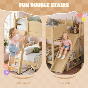 English Elm Full Over Bunk Bed Pine Wood Frame with Slide Built in Shelves Low Profile Kids Design Natural W5305S00084