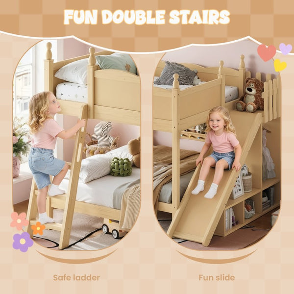 English Elm Full Over Bunk Bed Pine Wood Frame with Slide Built in Shelves Low Profile Kids Design Natural W5305S00084
