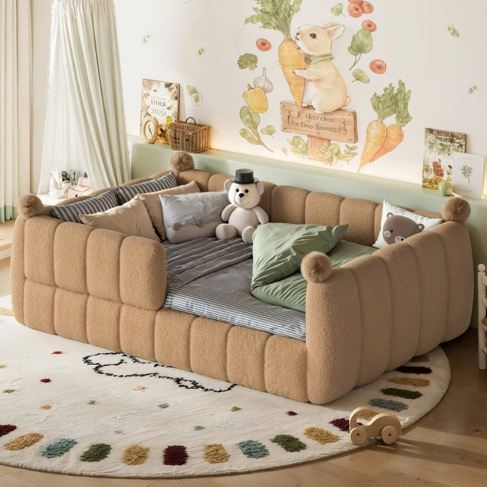 English Elm Full Size Montessori Floor Bed Teddy Upholstered Surround Rails Low Profile Kids Frame Natural W5305S00085
