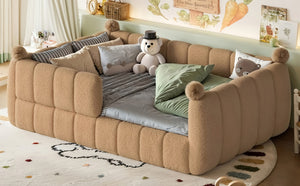 English Elm Full Size Montessori Floor Bed Teddy Upholstered Surround Rails Low Profile Kids Frame Natural W5305S00085