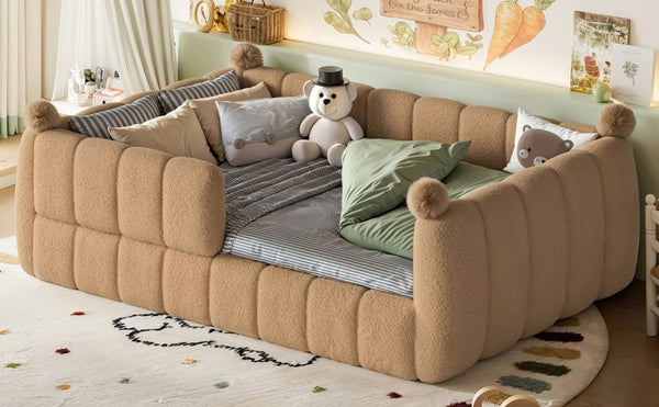 English Elm Full Size Montessori Floor Bed Teddy Upholstered Surround Rails Low Profile Kids Frame Natural W5305S00085