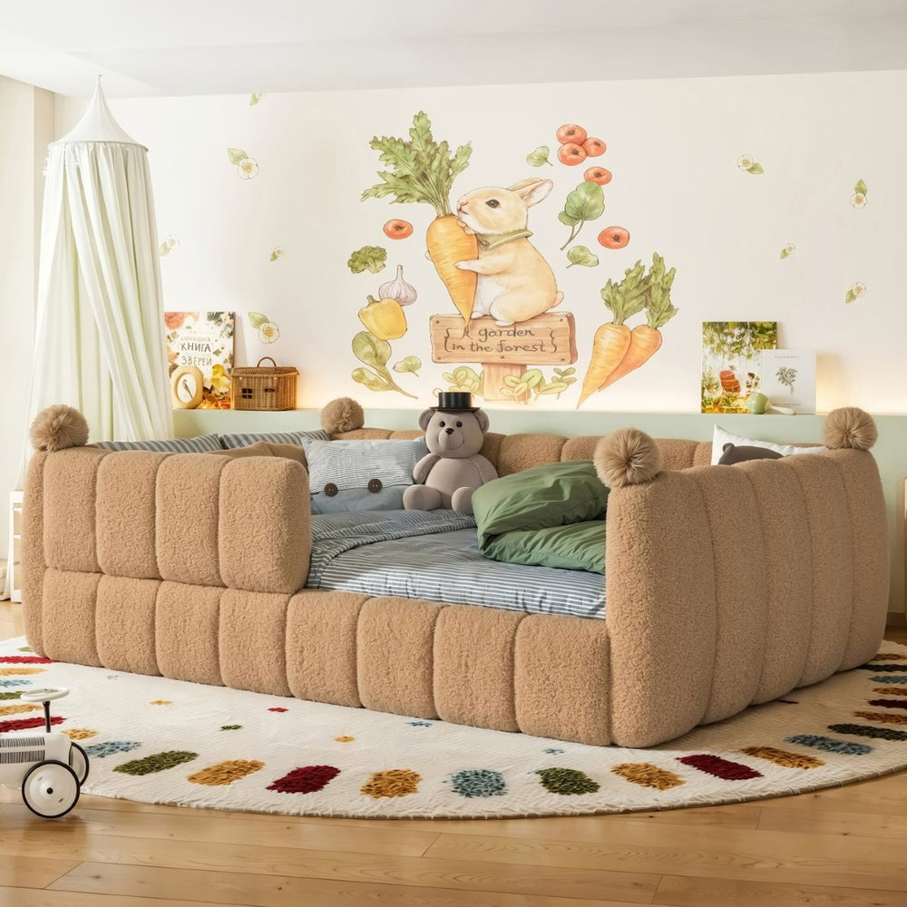 English Elm Full Size Montessori Floor Bed Teddy Upholstered Surround Rails Low Profile Kids Frame Natural W5305S00085