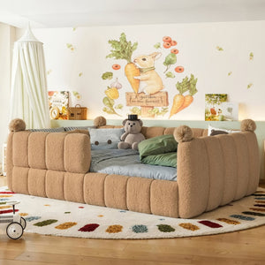 English Elm Full Size Montessori Floor Bed Teddy Upholstered Surround Rails Low Profile Kids Frame Natural W5305S00085