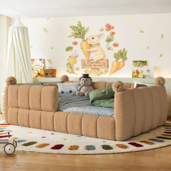 English Elm Full Size Montessori Floor Bed Teddy Upholstered Surround Rails Low Profile Kids Frame Natural W5305S00085