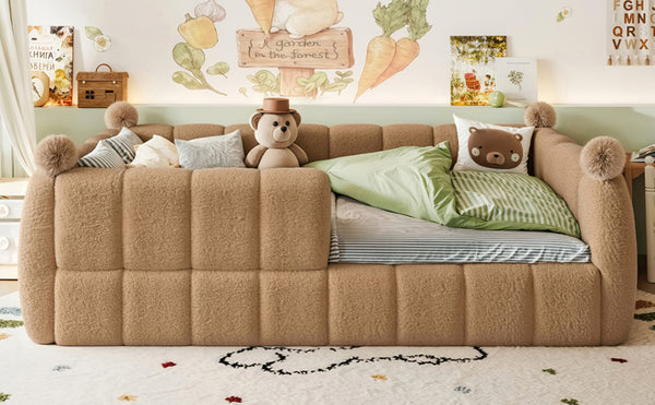 English Elm Full Size Montessori Floor Bed Teddy Upholstered Surround Rails Low Profile Kids Frame Natural W5305S00085
