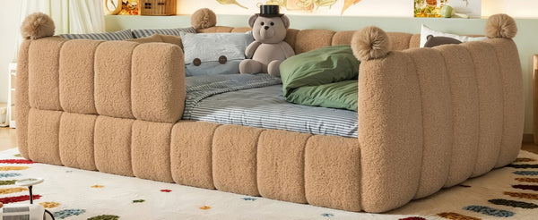 English Elm Full Size Montessori Floor Bed Teddy Upholstered Surround Rails Low Profile Kids Frame Natural W5305S00085