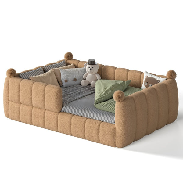 English Elm Full Size Montessori Floor Bed Teddy Upholstered Surround Rails Low Profile Kids Frame Natural W5305S00085