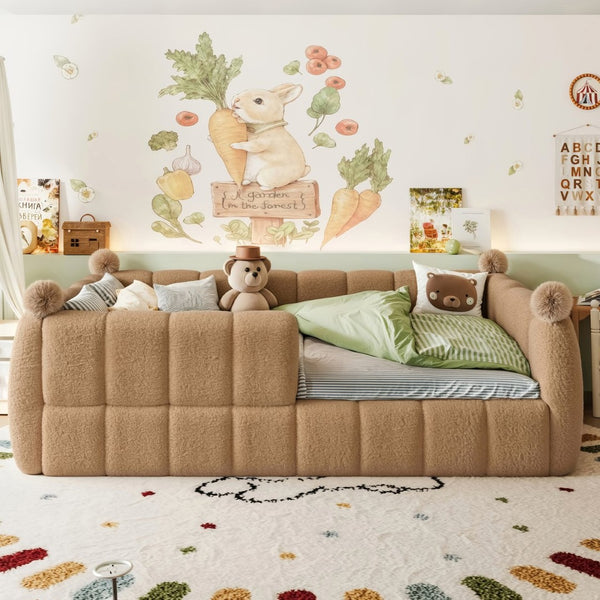 English Elm Full Size Montessori Floor Bed Teddy Upholstered Surround Rails Low Profile Kids Frame Natural W5305S00085