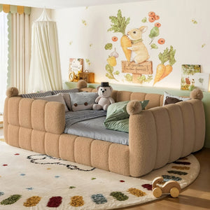 English Elm Full Size Montessori Floor Bed Teddy Upholstered Surround Rails Low Profile Kids Frame Natural W5305S00085