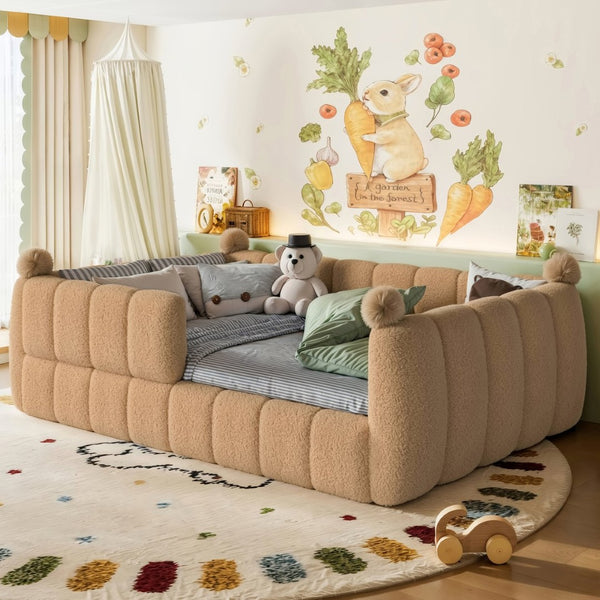 English Elm Full Size Montessori Floor Bed Teddy Upholstered Surround Rails Low Profile Kids Frame Natural W5305S00085