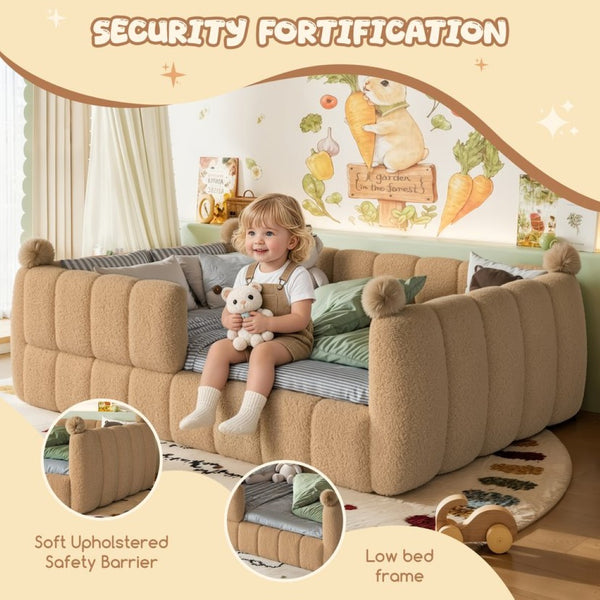 English Elm Full Size Montessori Floor Bed Teddy Upholstered Surround Rails Low Profile Kids Frame Natural W5305S00085