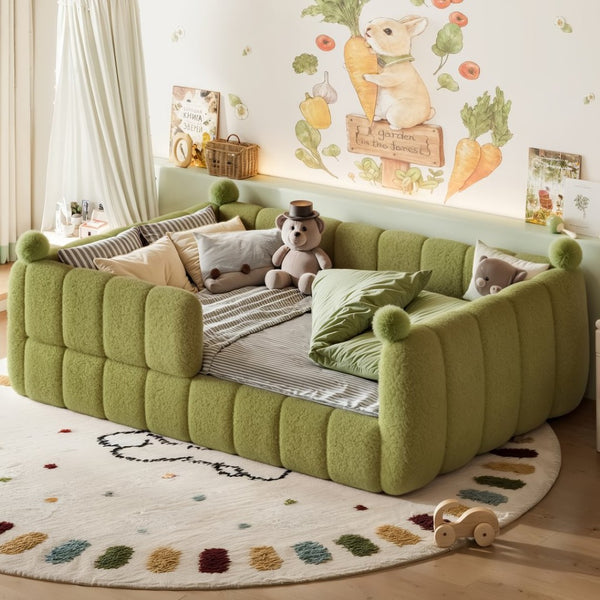 English Elm Full Size Montessori Floor Bed Teddy Upholstered Surround Rails Low Profile Kids Frame Green W5305S00086