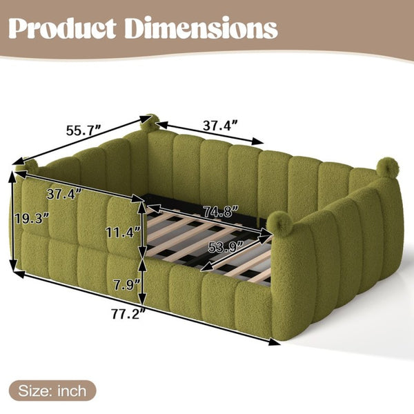English Elm Full Size Montessori Floor Bed Teddy Upholstered Surround Rails Low Profile Kids Frame Green W5305S00086