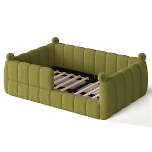 English Elm Full Size Montessori Floor Bed Teddy Upholstered Surround Rails Low Profile Kids Frame Green W5305S00086