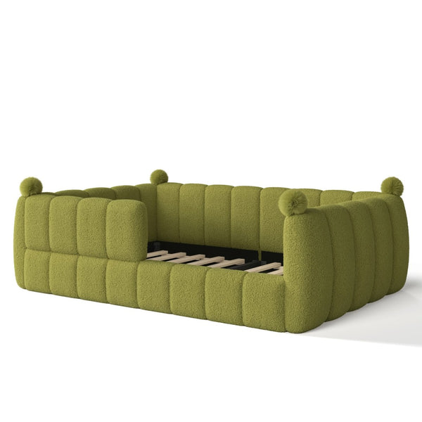 English Elm Full Size Montessori Floor Bed Teddy Upholstered Surround Rails Low Profile Kids Frame Green W5305S00086