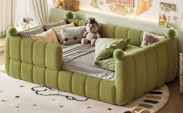 English Elm Full Size Montessori Floor Bed Teddy Upholstered Surround Rails Low Profile Kids Frame Green W5305S00086