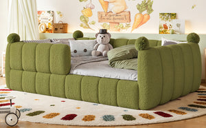 English Elm Full Size Montessori Floor Bed Teddy Upholstered Surround Rails Low Profile Kids Frame Green W5305S00086