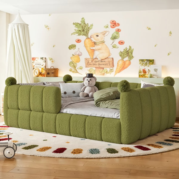 English Elm Full Size Montessori Floor Bed Teddy Upholstered Surround Rails Low Profile Kids Frame Green W5305S00086
