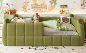 English Elm Full Size Montessori Floor Bed Teddy Upholstered Surround Rails Low Profile Kids Frame Green W5305S00086