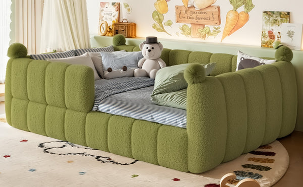 English Elm Full Size Montessori Floor Bed Teddy Upholstered Surround Rails Low Profile Kids Frame Green W5305S00086