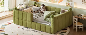 English Elm Full Size Montessori Floor Bed Teddy Upholstered Surround Rails Low Profile Kids Frame Green W5305S00086