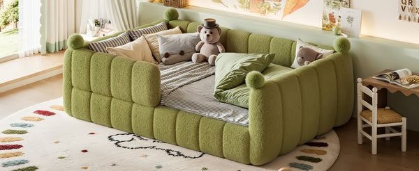 English Elm Full Size Montessori Floor Bed Teddy Upholstered Surround Rails Low Profile Kids Frame Green W5305S00086