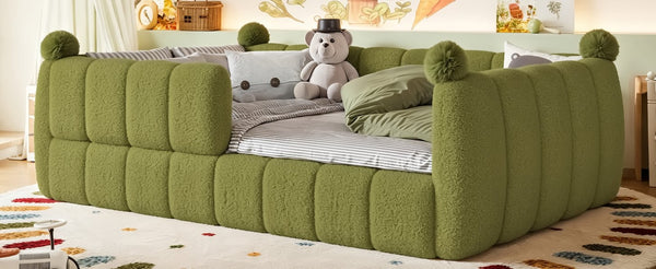 English Elm Full Size Montessori Floor Bed Teddy Upholstered Surround Rails Low Profile Kids Frame Green W5305S00086
