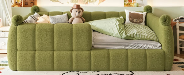 English Elm Full Size Montessori Floor Bed Teddy Upholstered Surround Rails Low Profile Kids Frame Green W5305S00086