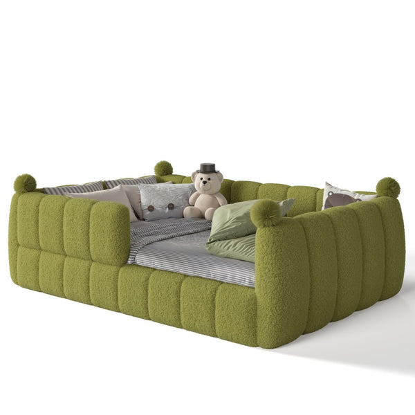 English Elm Full Size Montessori Floor Bed Teddy Upholstered Surround Rails Low Profile Kids Frame Green W5305S00086