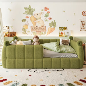 English Elm Full Size Montessori Floor Bed Teddy Upholstered Surround Rails Low Profile Kids Frame Green W5305S00086