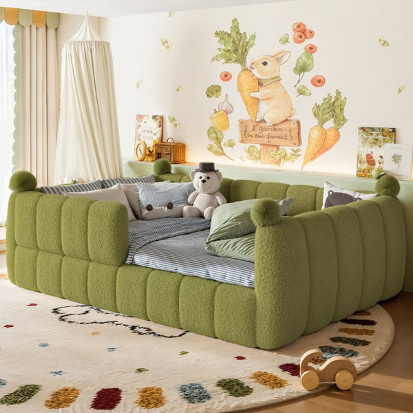English Elm Full Size Montessori Floor Bed Teddy Upholstered Surround Rails Low Profile Kids Frame Green W5305S00086